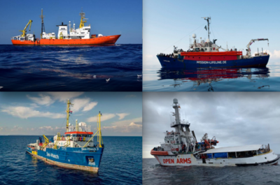 Ces quatre bateaux d'ONG ont été bloqués, au moins une fois, au large de Malte ou de l'Italie avec des rescapés à bord : l'« Aquarius », le « Lifeline », le « Sea Watch » et l'« Open Arms » (de bas en haut et de gauche à droite). © DR