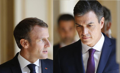 Emmanuel Macron et le Premier ministre espagnol, Pedro Sanchez, samedi 23 juin 2018 au palais de l'Elysée. (THIBAULT CAMUS / AFP)