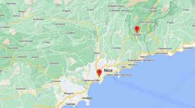 La course-poursuite fatale entre la police et une voiture qui transportait deux migrants s'est déroulée sur 40 kilomètres, entre la commune de Sospel et le quartier des Moulins à Nice, le 15 juin 2022. (GOOGLE MAPS)