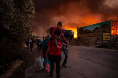 Incendie dans le camp de réfugiés à Moria (Grèce)• Crédits : ANGELOS TZORTZINIS / AFP