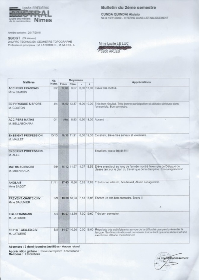 Un bulletin scolaire d'Aluisio, en classe de seconde professionnelle. Il obtient les félicitations.